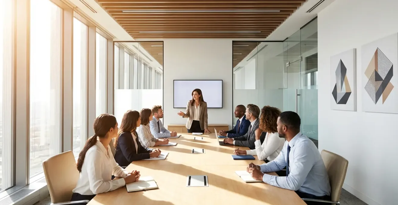 Business-Meeting mit verschiedenen Experten die in einer Diskussionsrunde sitzen und fundierte Meinungen austauschen