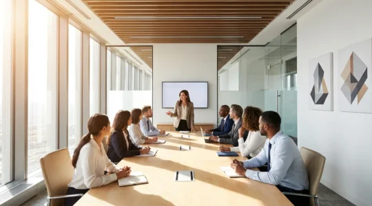 Business-Meeting mit verschiedenen Experten die in einer Diskussionsrunde sitzen und fundierte Meinungen austauschen