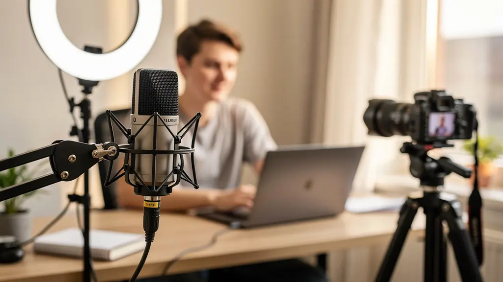 Professionelles Content-Creator-Setup mit Mikrofon und Ringlicht für optimale Audioqualität