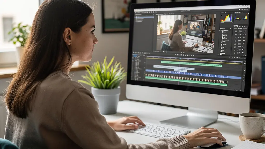 Content Creatorin bearbeitet Video mit KI-Untertitel-Generator am Computerbildschirm