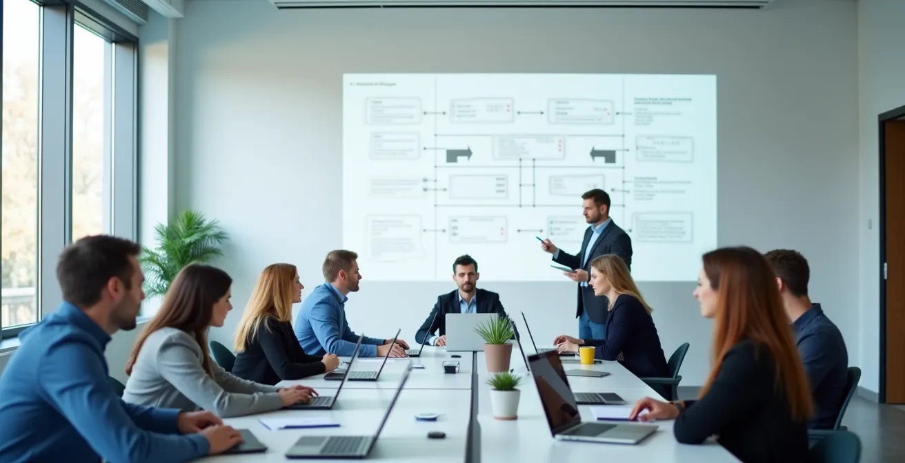 Vertriebsteam in Workshop-Situation bei der praktischen CRM-Schulung mit Fokus auf Zusammenarbeit