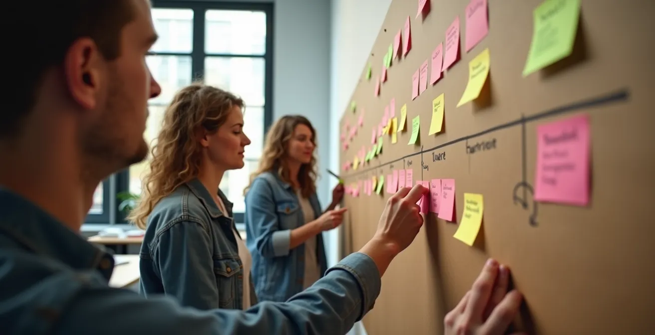 Workshop-Setting mit Customer Journey Mapping auf braunem Papier, das die kollaborative Visualisierung von Kundeninteraktionen zeigt.