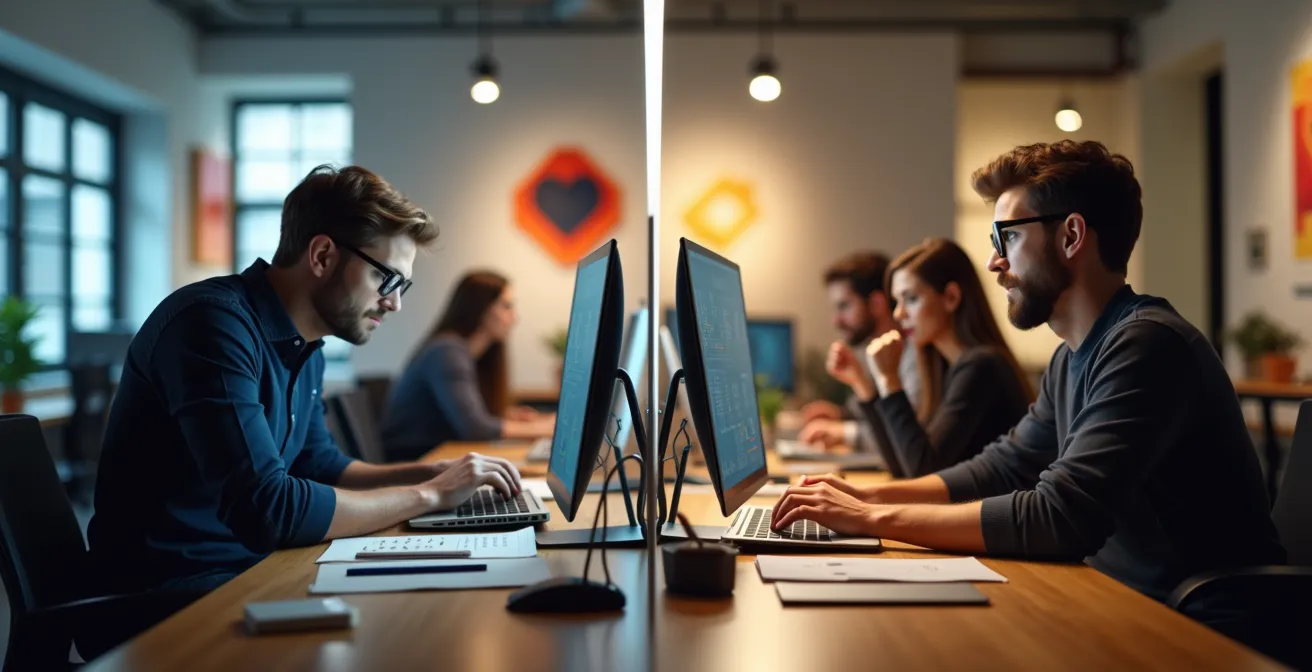 Splitscreen-Darstellung von zwei Designern bei der Arbeit