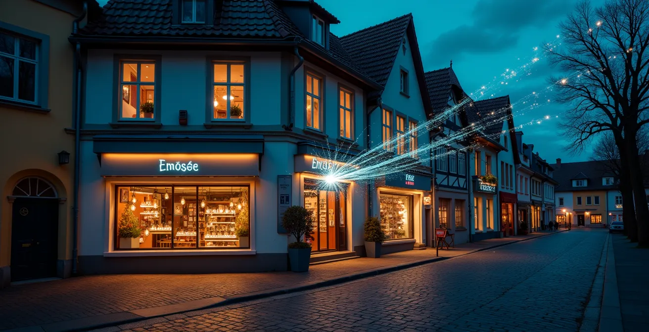 Lokales Geschäft strahlt bei Dämmerung eine starke digitale Präsenz in Form von Lichtpartikeln aus