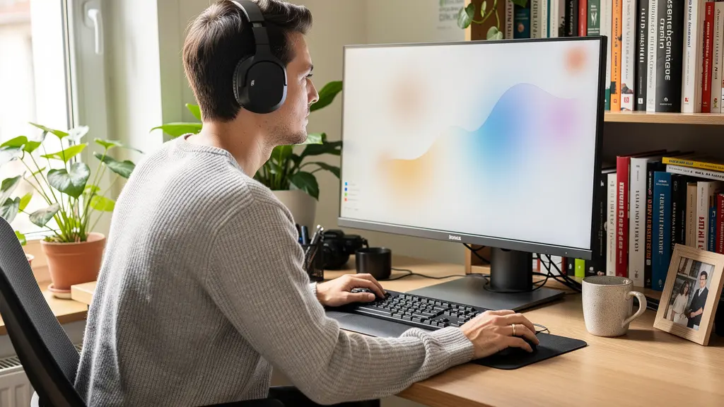 Konzentrierte Person mit Kopfhörern bearbeitet Video am ergonomischen Arbeitsplatz im Home-Office