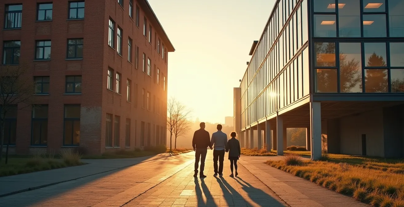 Generationen einer deutschen Unternehmerfamilie vor historischem Firmengebäude mit modernen Produkten