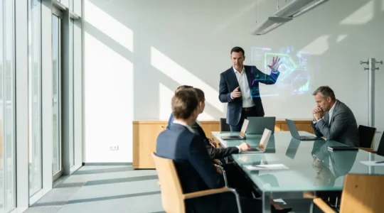Führungskraft präsentiert wichtige Marketing-KPIs vor CEO für Budgetgenehmigung