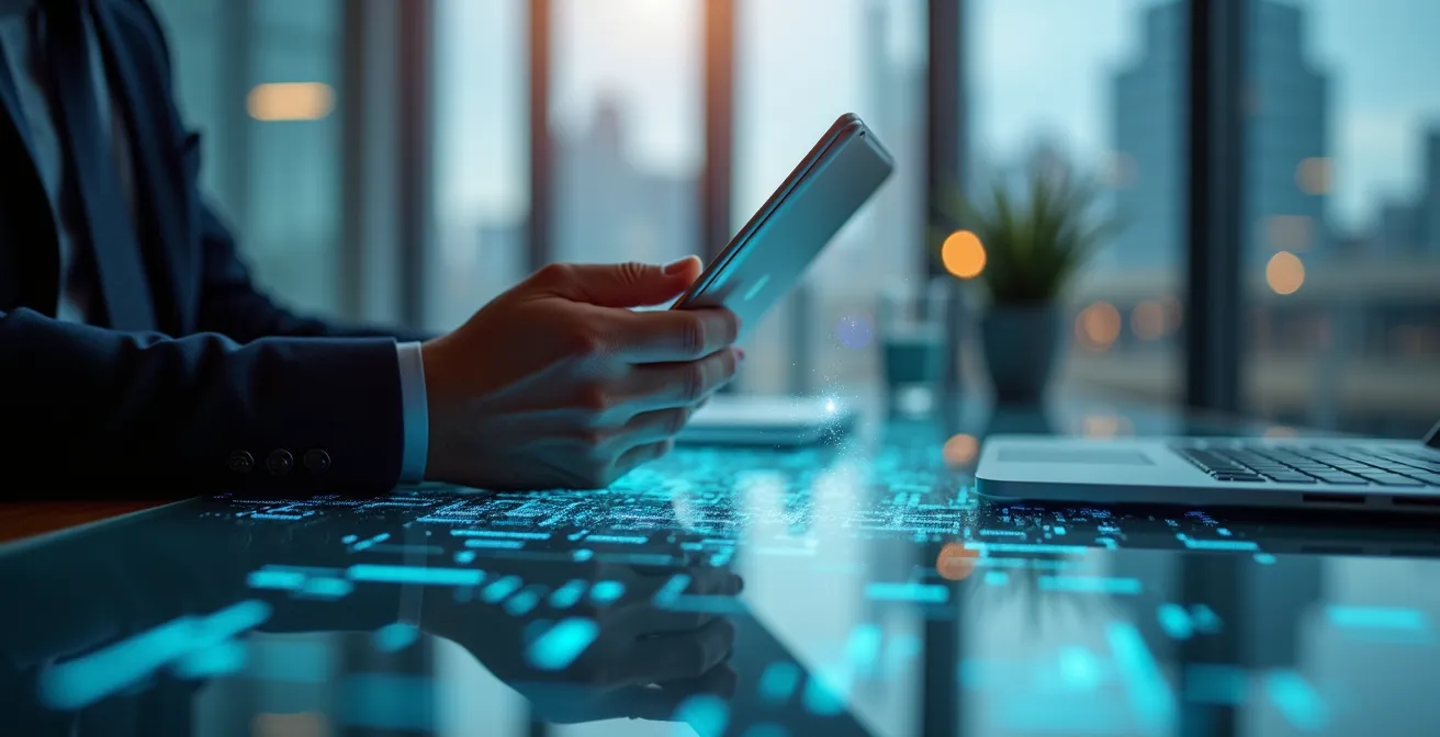 Führungskraft betrachtet Analysedaten auf digitalem Gerät in modernem Büro