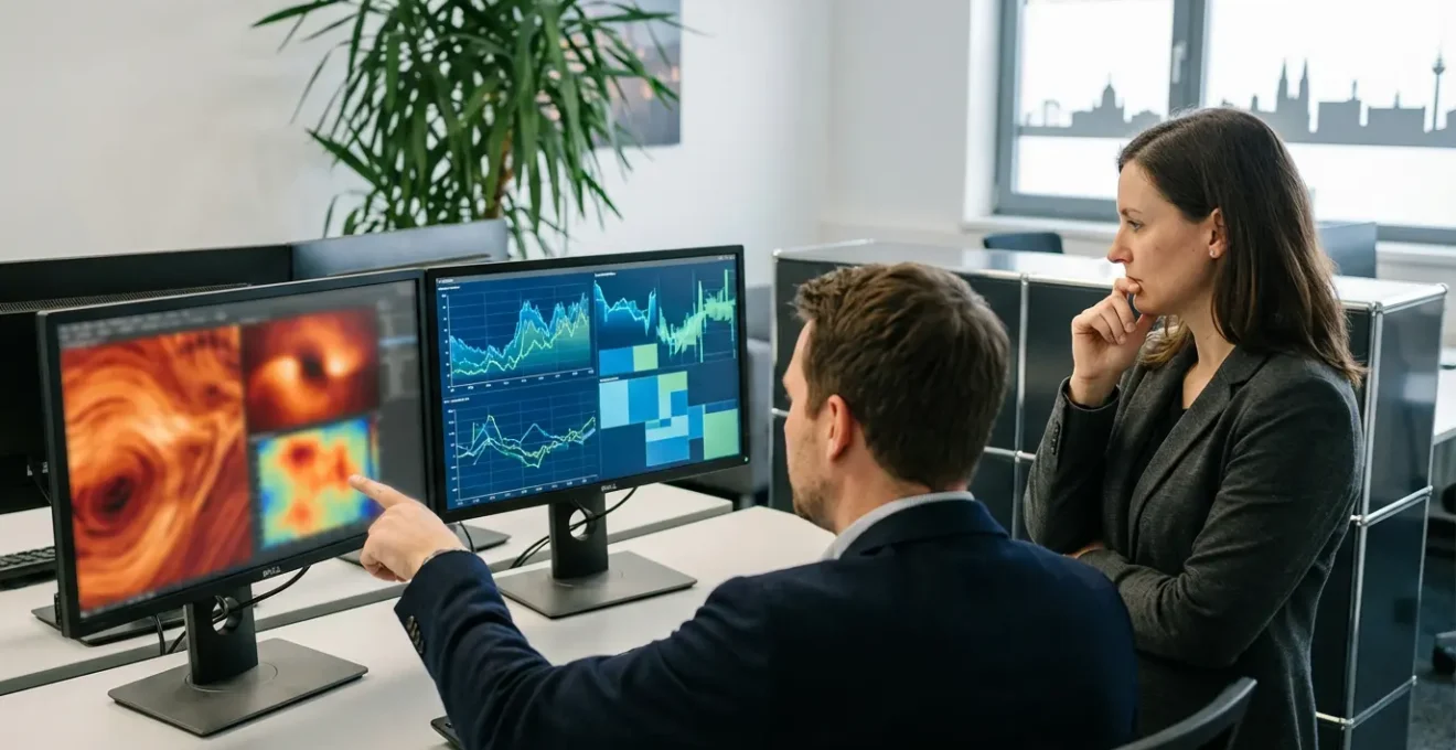 Zwei Geschäftsführer vergleichen Analytics-Daten auf Bildschirmen in einem deutschen Büro
