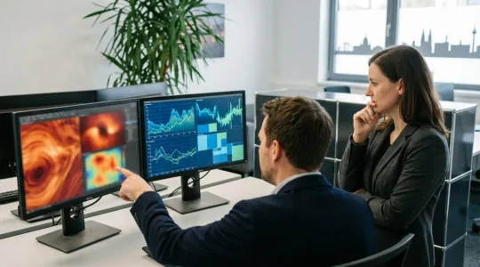 Zwei Geschäftsführer vergleichen Analytics-Daten auf Bildschirmen in einem deutschen Büro