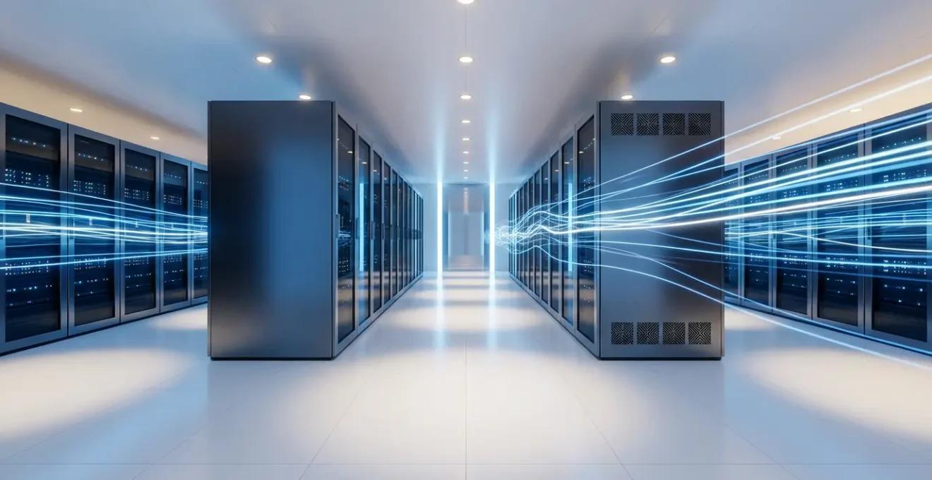 Weitwinkelaufnahme eines modernen Serverraums mit verschwommenen Datenströmen zwischen lokalen und Cloud-Servern