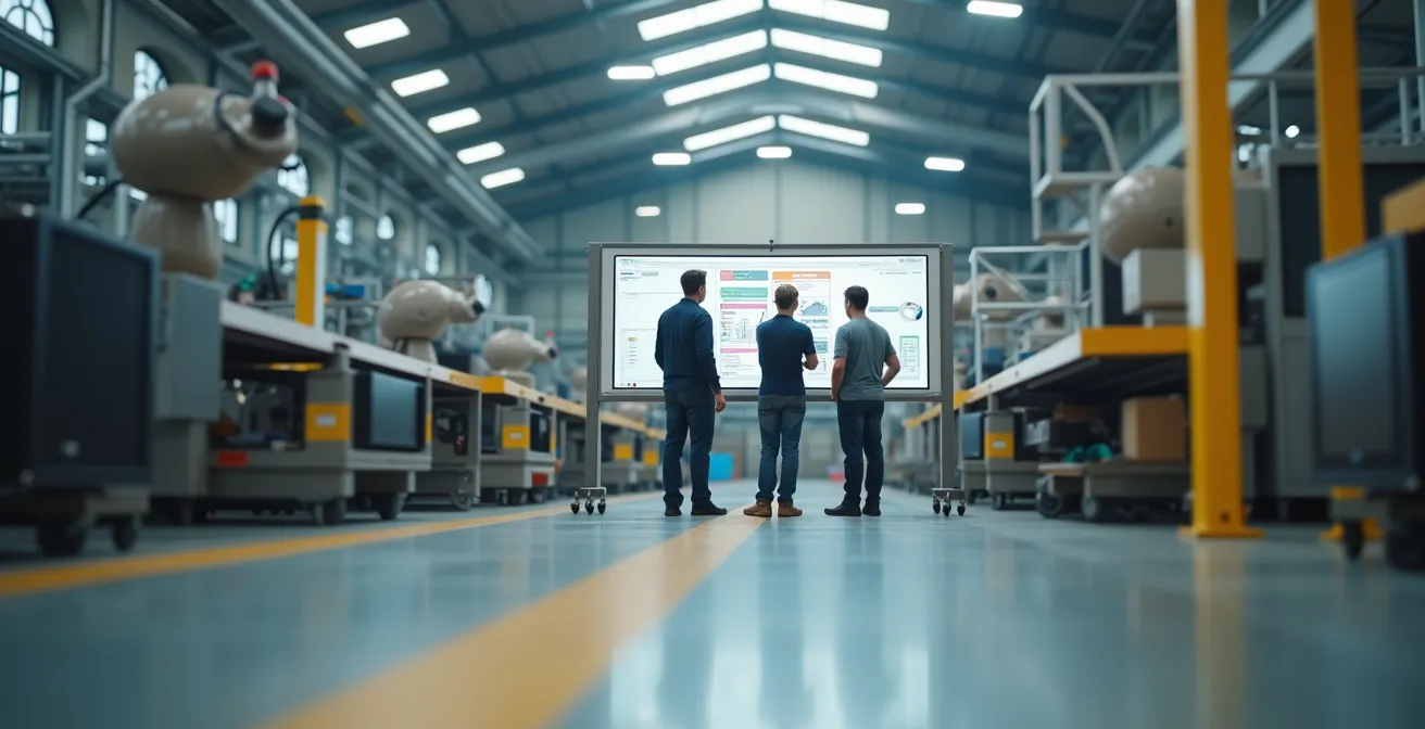Produktionshalle mit agilem Team-Board neben traditioneller Fertigung