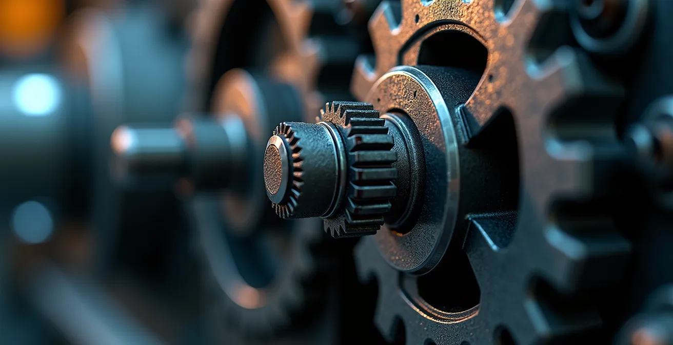 Makroaufnahme einer Hydraulikpumpe mit sichtbaren technischen Details und Öltropfen