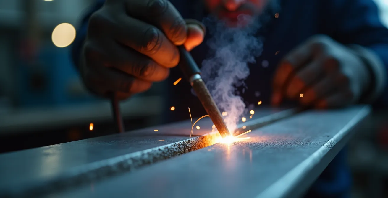 Nahaufnahme einer präzisen Schweissnaht in deutscher Fertigung mit unscharfem Ingenieur im Hintergrund