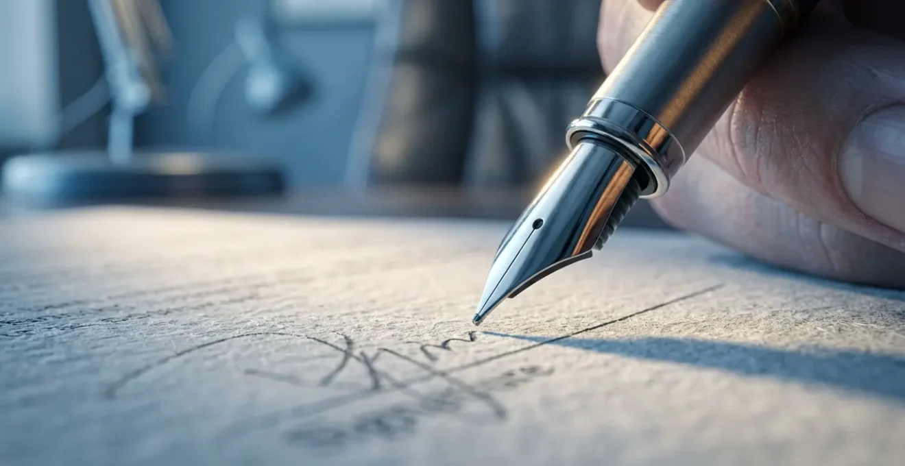 Analyse der Mikro-Signale im B2B-Kaufentscheidungsprozess, symbolisiert durch eine Nahaufnahme einer Stiftspitze über einer Vertragslinie.