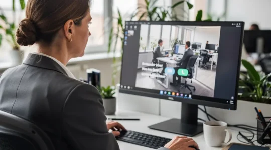 Kommunikationsmanagerin betrachtet Video-Interface am modernen Arbeitsplatz