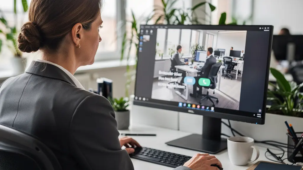 Kommunikationsmanagerin betrachtet Video-Interface am modernen Arbeitsplatz