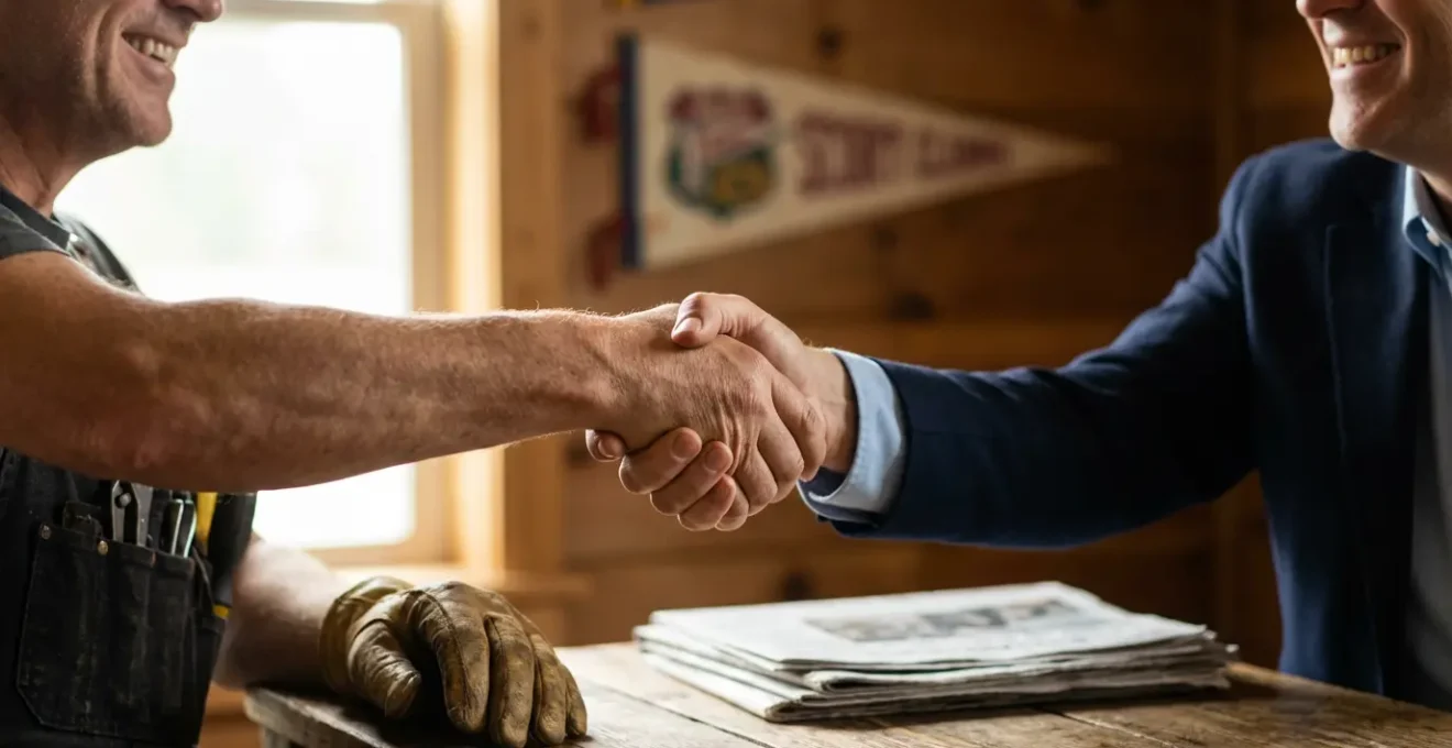 Ein Handwerker und der Vorsitzende eines lokalen Sportvereins besiegeln eine Kooperation per Handschlag.