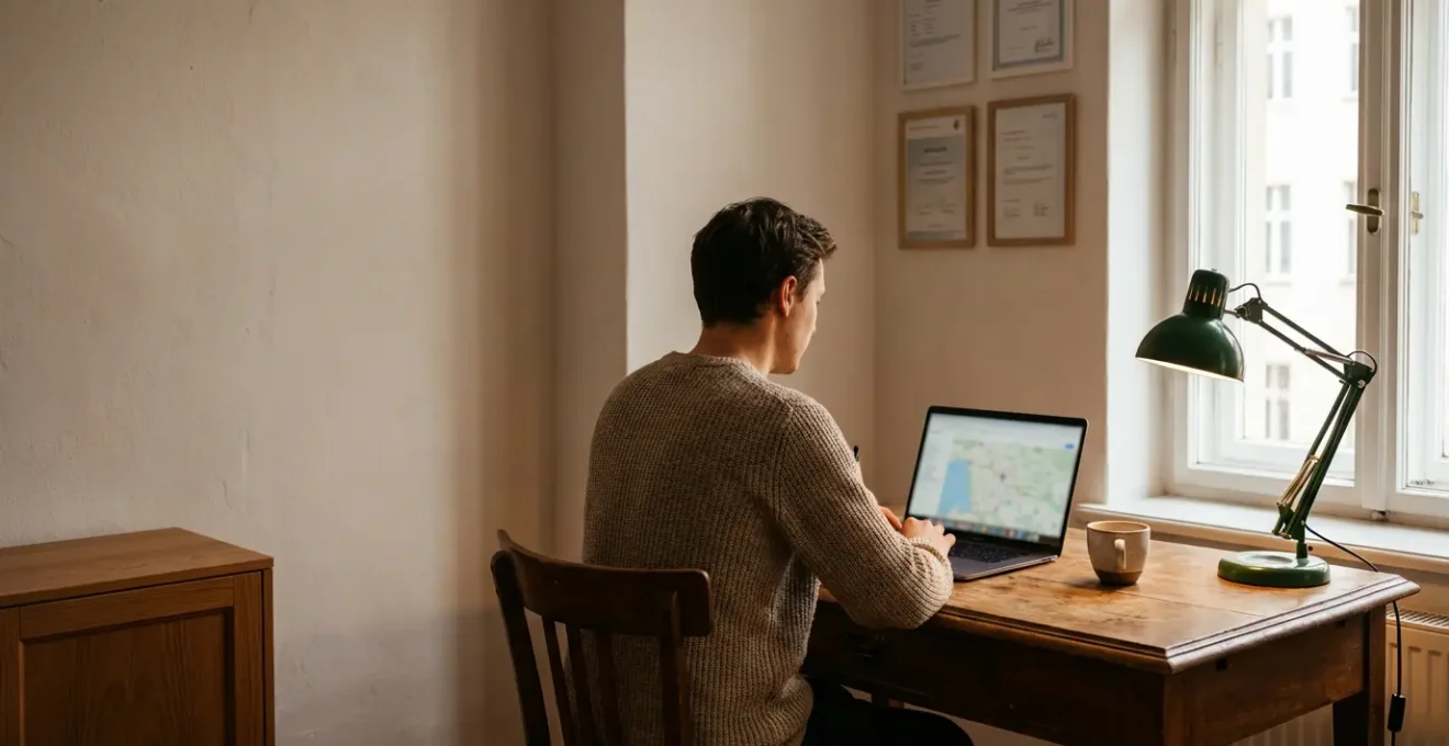Geschäftsinhaber optimiert lokale Suchergebnisse am Laptop in kleinem Büro