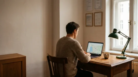 Geschäftsinhaber optimiert lokale Suchergebnisse am Laptop in kleinem Büro