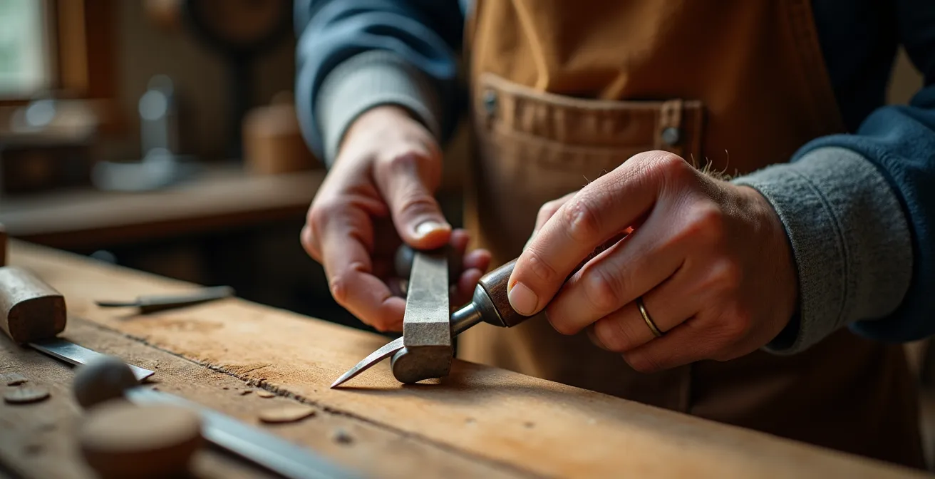 Nahaufnahme von den Händen eines Handwerksmeisters, der präzise an einem Holzstück arbeitet und deutsche Handwerkskunst symbolisiert