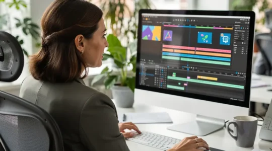 Marketing-Fachfrau arbeitet an Video-Timeline (Online-Videozusammenführung) im modernen Büro