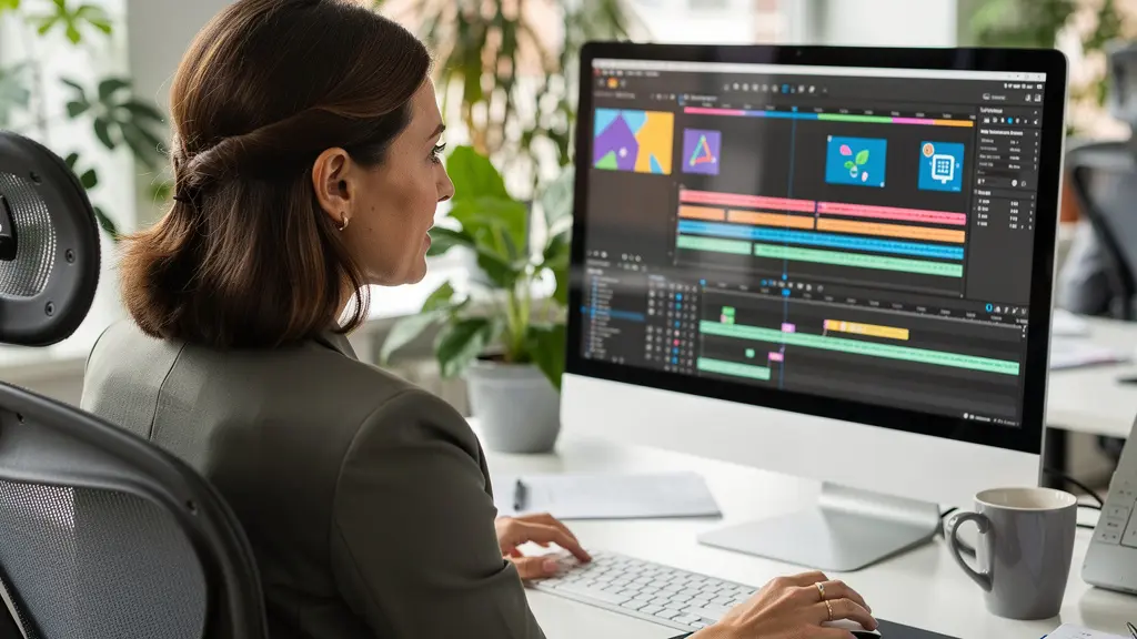 Marketing-Fachfrau arbeitet an Video-Timeline (Online-Videozusammenführung) im modernen Büro