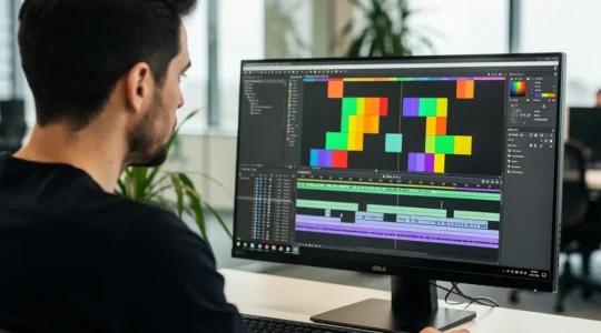 Marketing-Fachkraft arbeitet konzentriert an Video-Timeline auf großem Bildschirm im modernen Büro