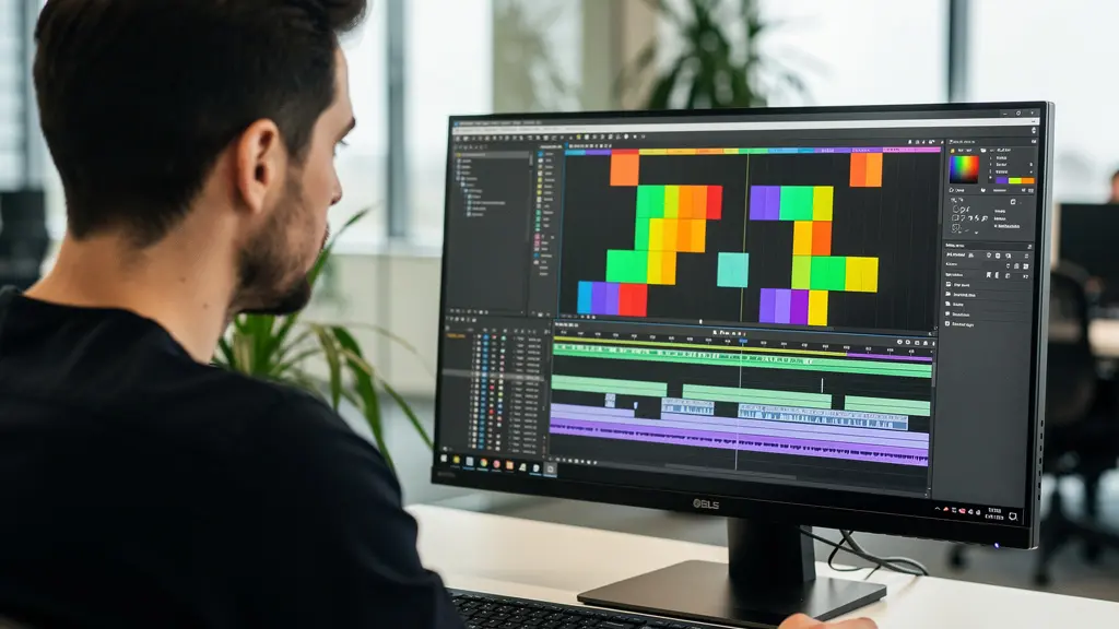Marketing-Fachkraft arbeitet konzentriert an Video-Timeline auf großem Bildschirm im modernen Büro