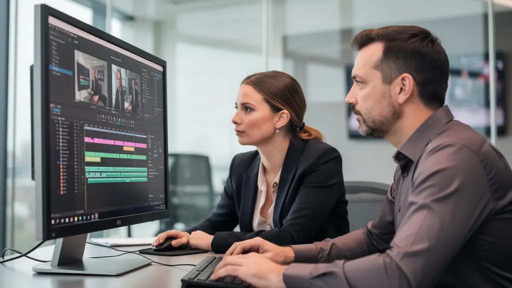 Marketing-Team analysiert KI-Video-Content auf großem Bildschirm in modernem Büro