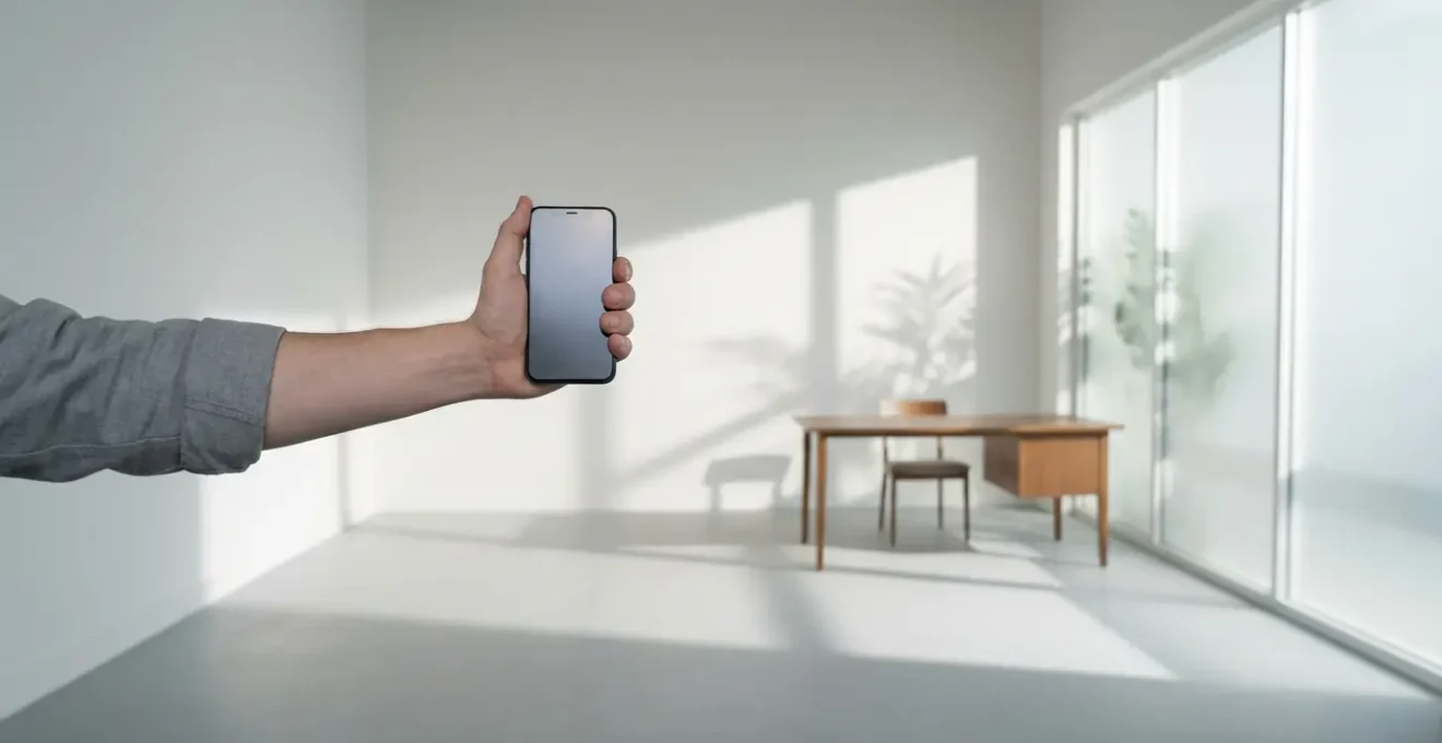 Weitwinkelaufnahme eines frustrierten Smartphone-Nutzers in minimalistischer Umgebung