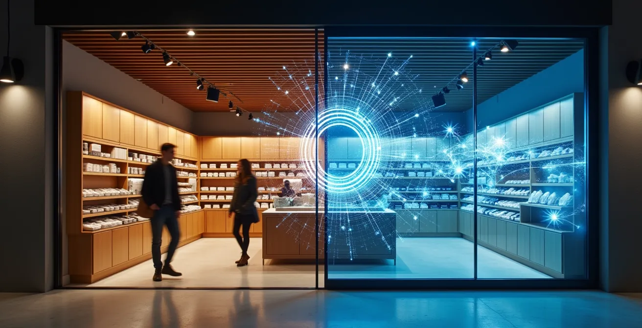 Nahtlose Verbindung zwischen physischem Geschäft und digitalem Shop, die eine Omnichannel-Erfahrung symbolisiert