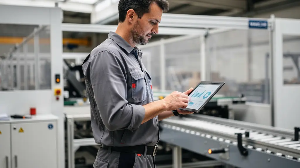 Mitarbeiter in Produktionsumgebung schaut Schulungsvideo auf Tablet