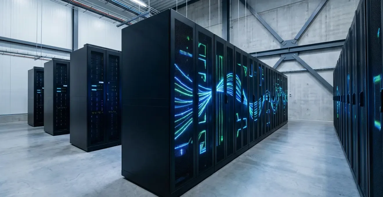 Serverraum mit deutschem Rechenzentrum zeigt Datenfluss-Visualisierung