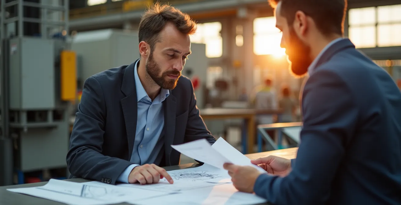 Deutsche Ingenieure bei der persönlichen Kundenberatung in einer modernen Produktionsumgebung