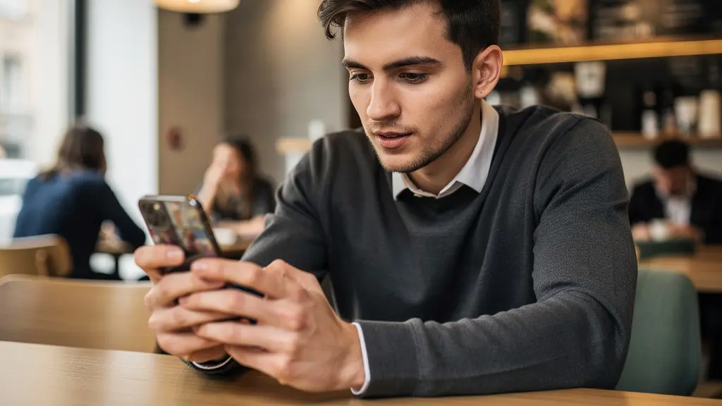Person schaut Video stumm auf Smartphone in Berliner Café