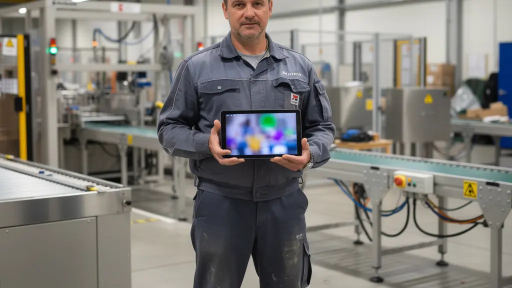 Techniker in Produktionshalle prüft Video-Content auf Tablet