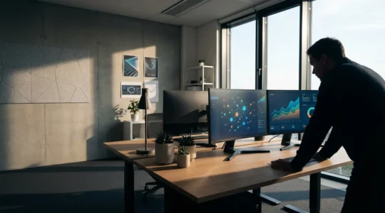 Experte analysiert komplexe SEO-Daten auf mehreren Bildschirmen in modernem Büro
