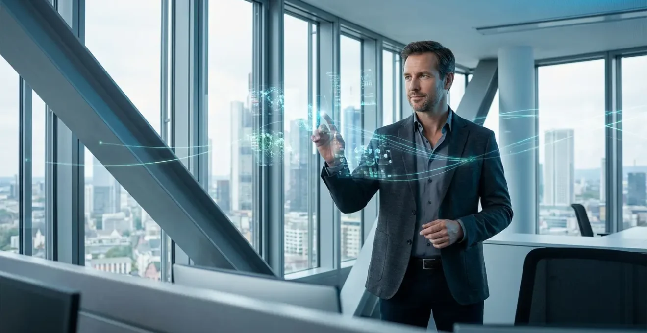 Geschäftsmann analysiert digitale Daten auf einem holografischen Display in einem modernen deutschen Büro