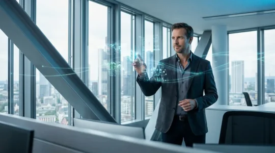 Geschäftsmann analysiert digitale Daten auf einem holografischen Display in einem modernen deutschen Büro