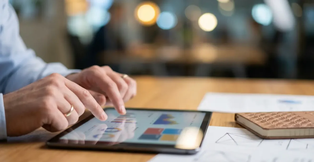Nahaufnahme von Händen die mit wissenschaftlichen Daten und Diagrammen auf einem Tablet arbeiten