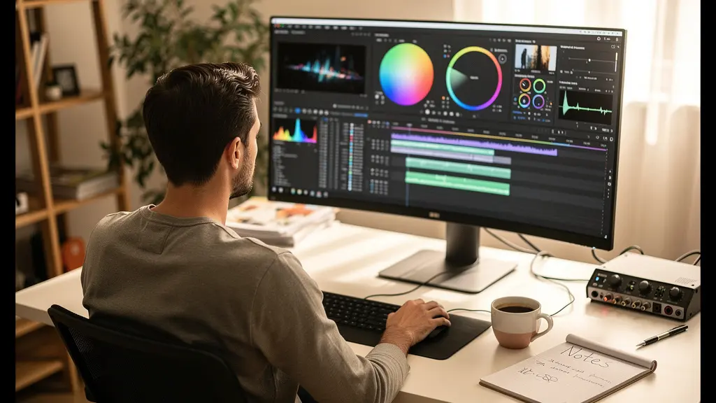Arbeitsplatz mit Video-Software zeigt typische Herausforderungen bei Desktop-Videobearbeitung Arbeitsplatz mit Video-Software zeigt typische Herausforderungen bei Desktop-Videobearbeitung